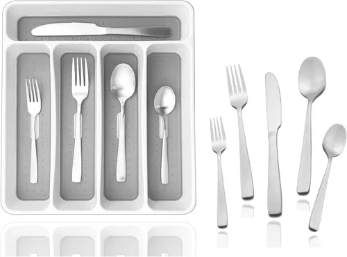 Miniatura 9 de JASHII - Juego de cubiertos con bandeja, 20 piezas de acero inoxidable cuadrado cubiertos servicio para 4, acabado mate, utensilios de alimentación