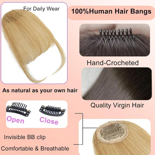Miniatura 3 de Flequillo con clip de cabello 100 % humano, cortina de adelgazamiento de aire para mujer, plana natural, curvada, delgada, falsa rubio ceniza