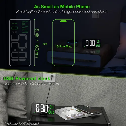 Miniatura 3 de KOSUMOSU Reloj de Escritorio 6.7 pulgadas Reloj Despertador Digital Negro con Alarma Dual, Atenuación, Fecha, Día de la Semana, Temperatura, 12h