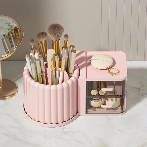 Miniatura 9 de Organizador de Maquillaje para Encimera, Soporte Giratorio 360° para Brochas de Maquillaje con 2 Cajones, Pequeño Organizador Preppy 9.25x5.11