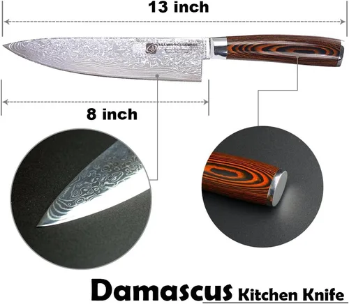 Miniatura 3 de Cuchillo de chef profesional de Damasco, 67 capas hecho a mano de 8 pulgadas, cuchillo de chef de Damasco, VG10 Super Steel Core