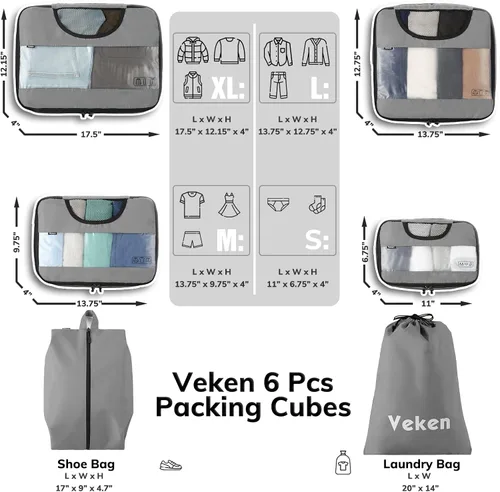 Miniatura 2 de Veken - Juego de 6 estuches organizadores equipaje de viaje incluye bolsa para ropa sucia y bolsa para zapatos gris VK456