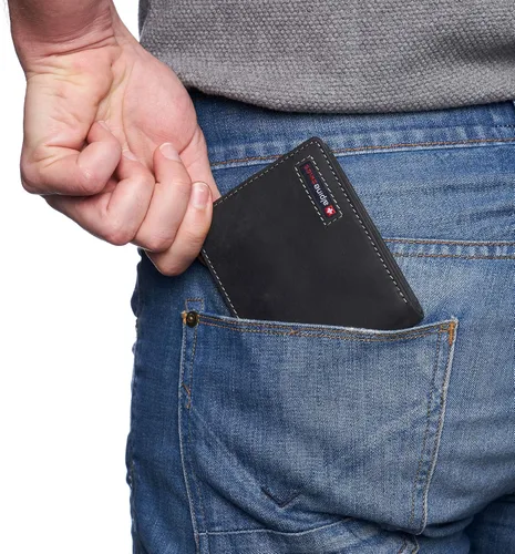 Miniatura 18 de Alpine Swiss RFID - Cartera de piel con 2 compartimentos para documentos de identidad, con ventana dividida, sección para billetes, en caja de regalo