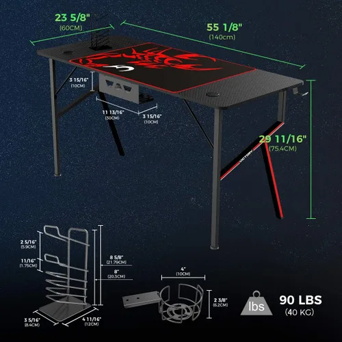Miniatura 3 de EUREKA ERGONOMIC Escritorio para juegos de 55 pulgadas, estación de trabajo profesional para jugadores con bandeja de gestión de cables, soporte