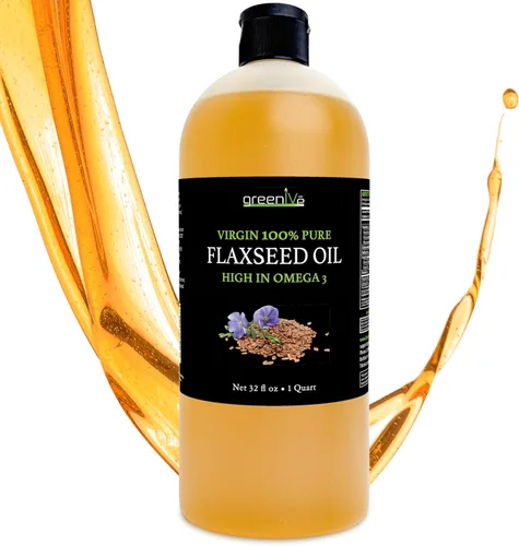 GreenIVe Aceite de semilla de lino 100% puro prensado en frío, cultivado en Estados Unidos, alto contenido vegano de ácidos grasos Omega 3 6 9 -