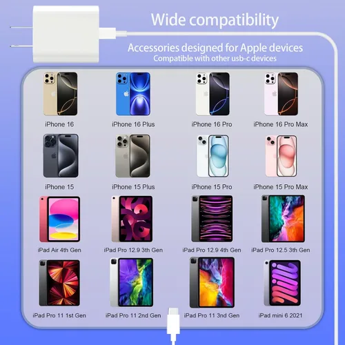 Miniatura 7 de Cable de 10 pies para Apple iPhone 16 15 Pro Max, cargador de carga rápida, iPad, AirPods 4 (USB-C), 20 W tipo C Blcok de 10 pies de largo, cable
