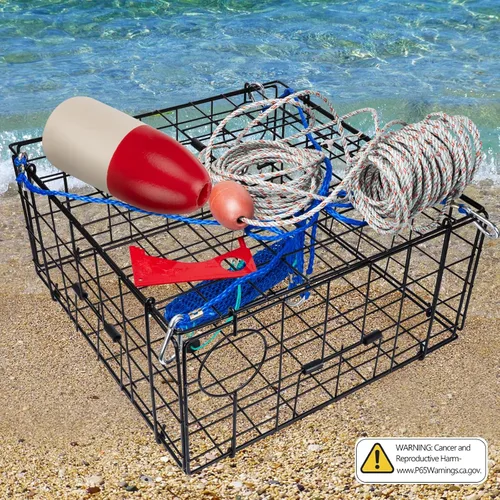 Miniatura 7 de QualyQualy 2 Packs Foldable Crab Trap 24", Crab Bait Bag，Pacific Heavy Duty Steel Crap Cage Kit with Harness, 100’ Sinking Line, Easy Store & Carry