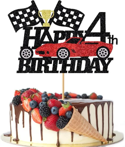 Miniatura 8 de Decoración de pastel de auto de carreras de 3 años, decoración de pastel de feliz tercer cumpleaños, auto de carreras, bandera a cuadros, rueda