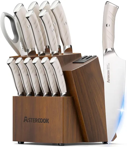 Astercook Juego de Cuchillos de Cocina con Bloque y Afilador Doble Full Tang 15 Piezas Cuchillos de Acero Inoxidable Alemán Aptos para Lavavajillas