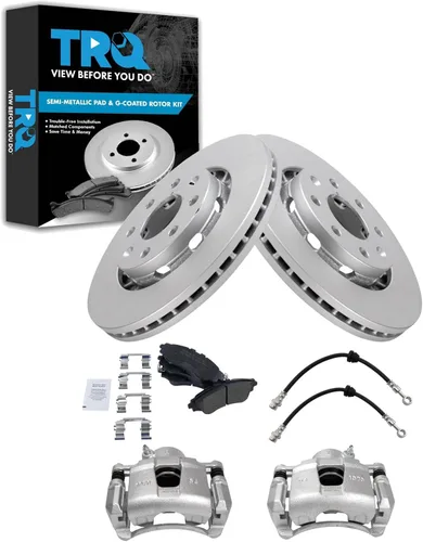TRQ Kit de pastillas de freno delantero y rotor, pinza de freno, manguera de freno, rotor de freno, semimetálico, revestimiento G, compatible con