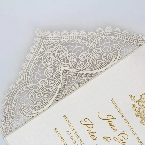 Miniatura 6 de Paquete de 25 invitaciones de boda de encaje cortado con láser marfil con inserto brillante y lazo de cinta, elegantes tarjetas de invitación