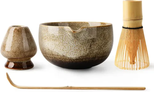 Juego de té matcha japonés, cuenco de cerámica con boquilla, incluye soporte para batidor de cerámica hecho a mano, batidor de matcha (Chasen) y