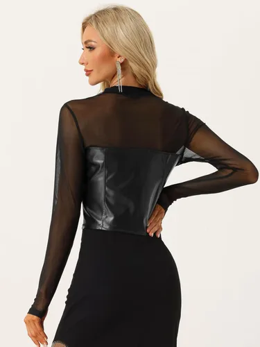 Miniatura 3 de Allegra K Top de cuello alto para mujer, corsé de malla de piel sintética transparente de manga larga