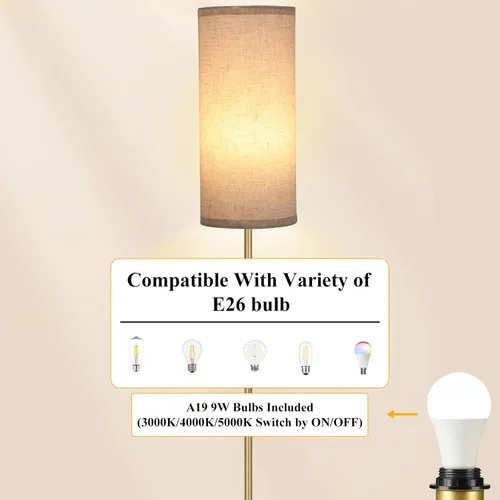 Miniatura 7 de Boostarea - Lámpara de pie para sala de estar con bombilla de 3 temperaturas de color, lámparas de pie industriales, lámpara alta clásica dorada