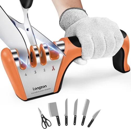 Longzon 5-in-1 Knife Sharpener 4 Stage with Cut-Resistant Glove, Quickly Sharpens & Restores Dull Blades, Easy & Safe for Home Kitchen Use, Fits
