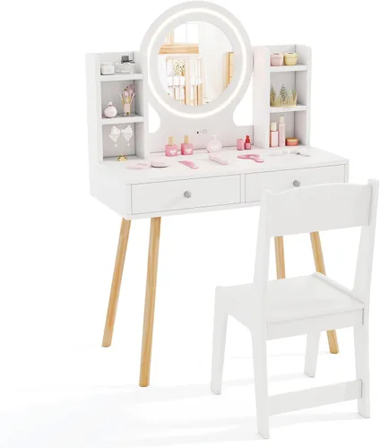 HONEY JOY Juego de tocador para niños, juego de tocador para niñas con espejo y taburete y luces, cajones y estantes de almacenamiento, mesa de