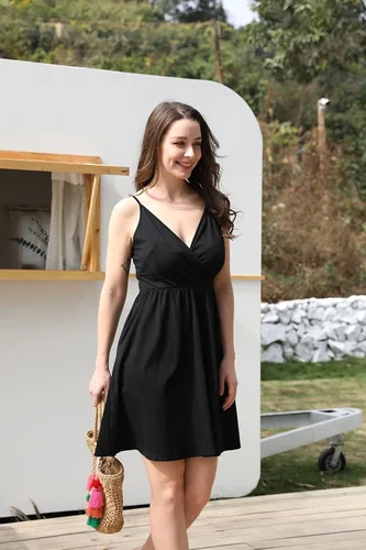 Miniatura 2 de STYLEWORD - Vestido informal de verano para mujer, diseño acampanado, con vuelo y floral, con cuello en V, tirantes delgados y bolsillos, unicolor