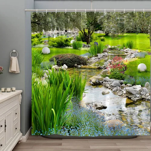 Cortina de ducha de paisaje de jardín, colorido, floral, primavera, verano, plantas naturales, paisaje, flores rústicas, juego de decoración de