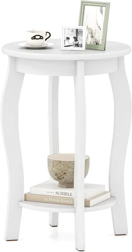 Miniatura 11 de Giantex Mesa auxiliar redonda, mesa auxiliar de madera con estante de almacenamiento, mesita de noche pequeña con patas de madera maciza, mesa Nogal
