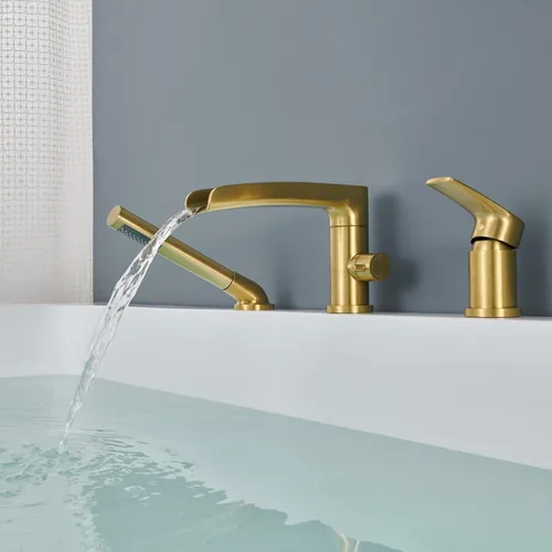 Miniatura 4 de Wowkk Grifo de Bañera de Cascada Romano Montaje en Cubierta Grifo de Bañera de Níquel Cepillado Relleno de Bañera de Latón Grifos de Bañera con Oro