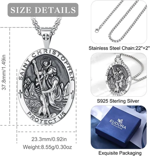 Miniatura 208 de EUDORA Collar de plata de ley 925, San Cristóbal y San Benito, San Miguel, Virgen María, San Judas Tadeo, Cruz de Buen Pastor y Arcángel, Medalla