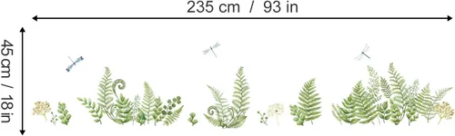 Miniatura 3 de decalmile Calcomanías de esquina de pared con plantas de helecho verde, hojas tropicales, base de libélula y línea de zócalo, pegatinas de pared