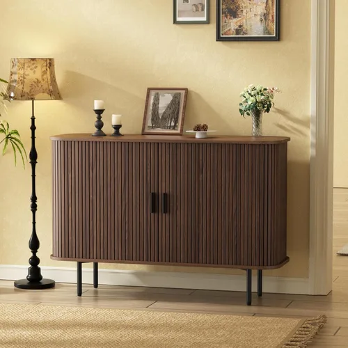 Miniatura 15 de FiveWillowise Gabinete de Bar de Café Negro con Almacenamiento, Gabinete de Licores y Vinos Acanalado con Puertas Corredizas, Portavasos