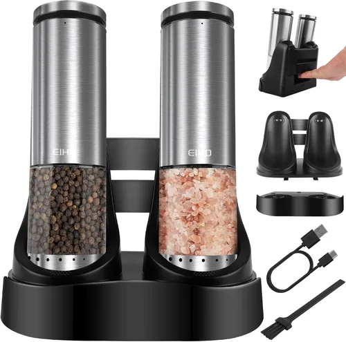 Juego de Molinillo Eléctrico de Sal y Pimienta Recargable, Grosor Ajustable Externo, Agitadores Automáticos de Sal y Pimienta, Utensilios de Cocina,