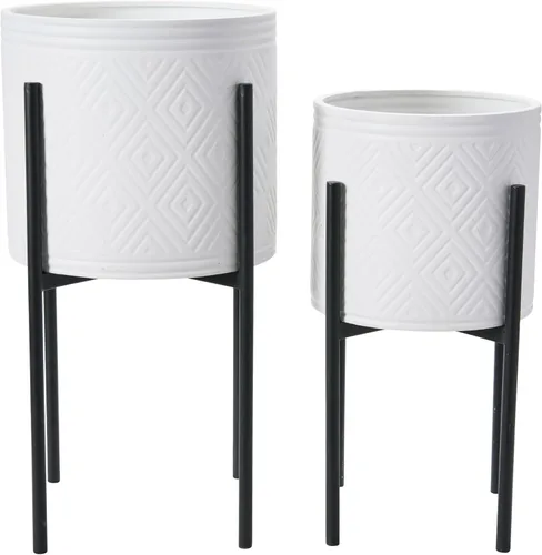 Main + Mesa Maceteros de metal en relieve bohemios modernos con soportes, blanco y negro, juego de 2 tamaños Blanco/Negro