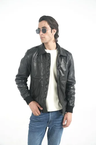 Miniatura 3 de STREGA Chaqueta de cuero para hombre, chaqueta bomber de piel de cordero genuina para hombre, color marrón con cuello Sherpa extraíble, chaqueta