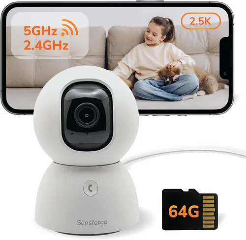SensForge Cámara de seguridad Pan-Tilt de 2.5K, cámara WiFi de doble banda de 360° para el hogar, detección gratuita de IA humanos y mascotas, nube