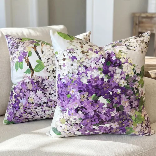 Juego de 2 fundas de almohada decorativas de terciopelo con flores de hortensias moradas de 18 x 18 pulgadas, fundas de almohada decorativas estilo