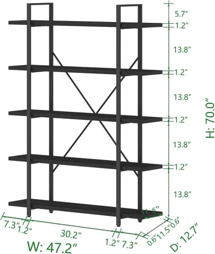 Miniatura 2 de HSH Estantería negra de 5 niveles de alto, estante de almacenamiento de madera y metal, estantería industrial moderna Etagere de 5 estantes, estante