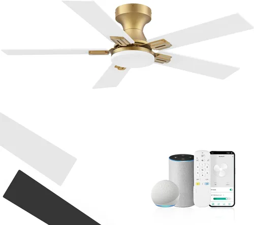 Ventilador de techo inteligente de perfil bajo de 42 pulgadas con luces y control remoto, motor DC silencioso, control de voz WiFi a través de Oro