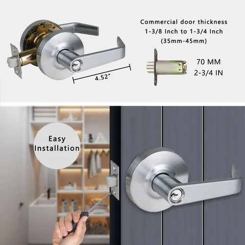 Miniatura 3 de Manija de puerta de almacén comercial resistente, manija de puerta ADA de grado 2, acabado en cromo satinado, manija ergonómica UL de 3 horas
