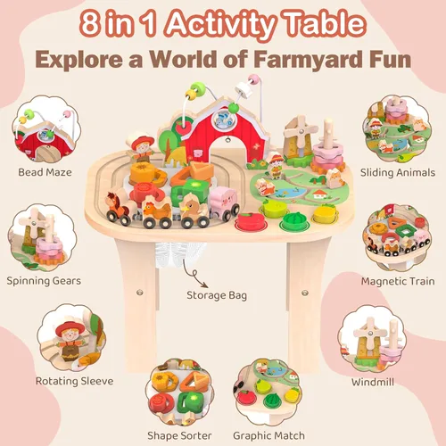 Miniatura 2 de Mesa de actividades de granja de madera para niños de 1, 2, 3 años, juguete de aprendizaje Montessori con laberinto de cuentas, clasificador
