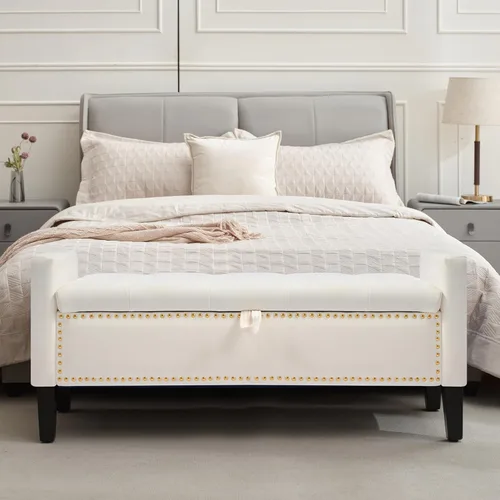Banco Otomán de Almacenamiento de Terciopelo, 45'' Banco Tapizado Acolchado con Botones al Pie de la Cama, Banco Otomán Moderno de Entrada con Beige