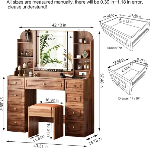 Miniatura 3 de Arulvmrn Escritorio de maquillaje de 43 pulgadas con espejo y luces, y toma de corriente, mesa de tocador grande con parte superior de vidrio con 9
