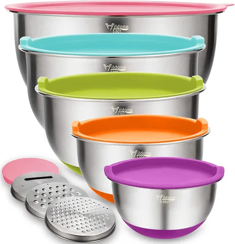 Wildone Juego de Tazones Mezcladores con Tapas Herméticas, 5PCS Tazones de Acero Inoxidable Anidables para Cocina, con Accesorios de Rallador y
