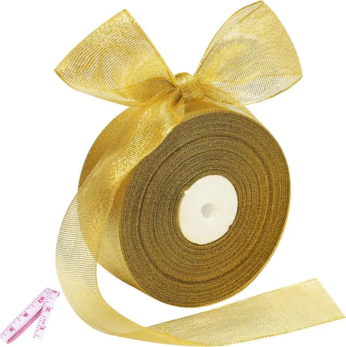 Miniatura 12 de Cinta de 100 yardas con purpurina dorada de 1 pulgada, cinta de tela sólida de ancho brillante para envoltura de regalos, manualidades, decoración