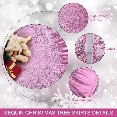 Miniatura 5 de Falda de árbol rosa para árbol de 7 pies, falda de árbol de Navidad de 48 pulgadas, falda de árbol de lentejuelas con purpurina de doble capa