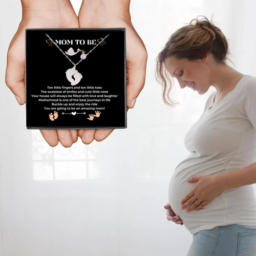 Miniatura 8 de Regalo para mamá – Collar con colgante de pies de bebé con una tarjeta de mensaje, regalo de embarazo para madres primerizas que esperan mujeres