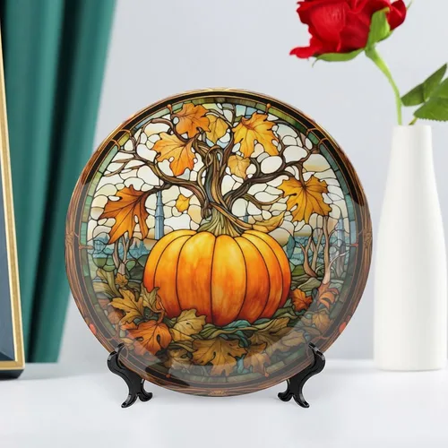 Miniatura 6 de Platos decorativos, diseño de vitrales, plato de exhibición de calabaza y arce de otoño para el hogar, oficina, cocina, decoración de mesa, platos