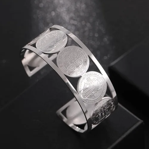 Miniatura 2 de Cross St. Benedict Christian Bracelet, Virgin Mary Catholic Stainless Steel Cuff Bangle
