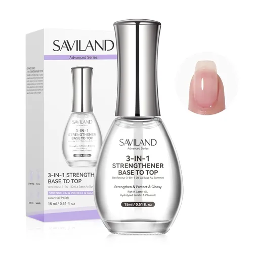 SAVILAND Base y capa superior 3 en 1 y fortalecedor de uñas: 0.5 fl oz de secado rápido al aire transparente, esmalte de uñas fortalecedor y