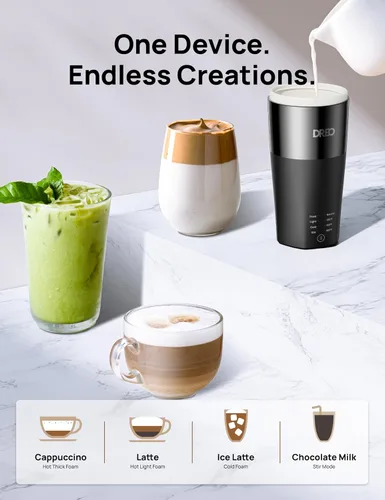 Miniatura 3 de DREO Espumador de leche, espumador eléctrico 4 en 1 para café, máquina de espuma fría y caliente para capuchino, blanco plano, café con leche