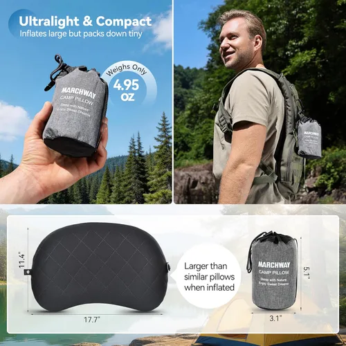 Miniatura 5 de MARCHWAY Almohada de acampada ultraligera inflable con funda lavable suave, almohada de aire portátil y compresible compacta para dormir al aire