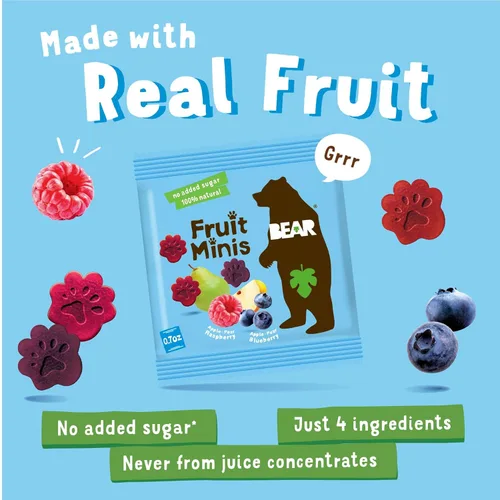 Miniatura 3 de BEAR Mini bocado de frutas real, frambuesa/arándano, bocadillos de tamaño mordido para niños, sin gluten, vegano, sin OMG, 0.7 onzas (paquete de 18)