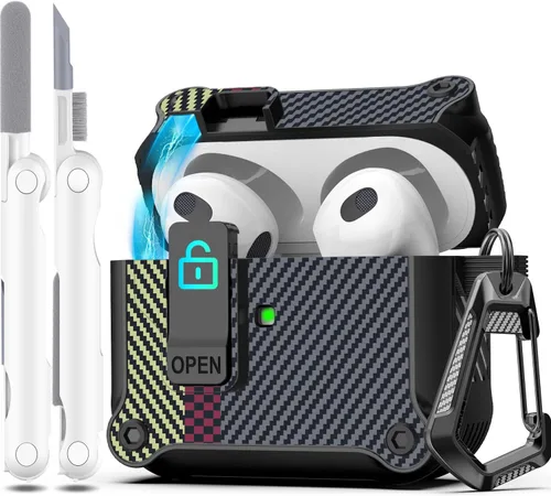 Miniatura 48 de R-fun - Funda para audífonos compatible con AirPods de 4.ª generación 2024, cubierta protectora de expulsión automática a prueba de caídas, puerto