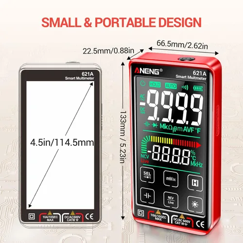 Miniatura 8 de ANENG Multímetro digital inteligente con pantalla táctil TRMS, rango automático, 9999 conteos, recargable, anti-quemadura, Ohm, Amperio, Voltímetro